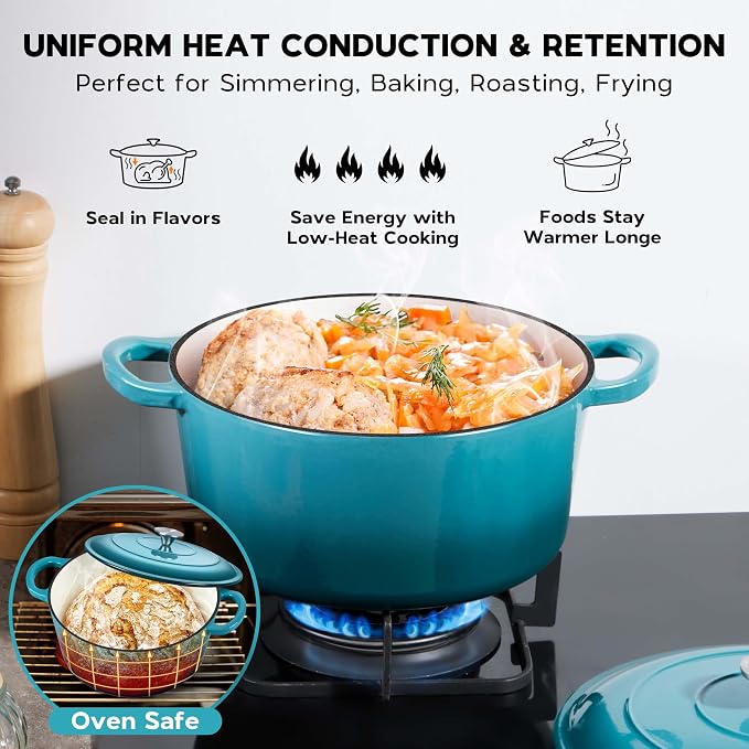 Onader 5QT Dutch Oven for Bread Baking, Enameled Cast Iron Round Dutch Oven Pot with Lid, Heavy Duty - Dark Cyan