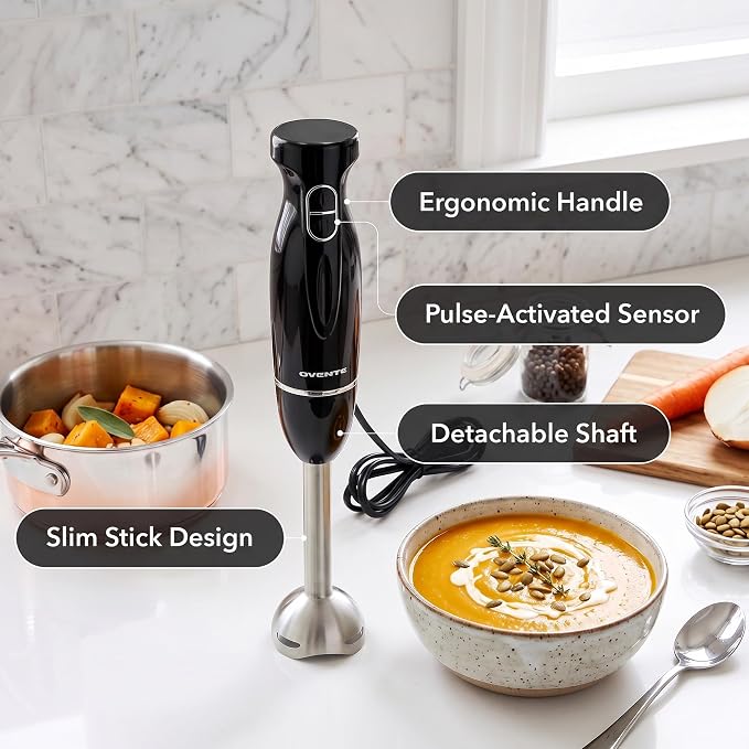 OVENTE Electric Corded Hand Blender, 300W with 2 Mixing Speeds Black HS560B | Handheld Immersion Stick Mixer with Stainless Steel Blades for Smoothies, Purees & Baby Food