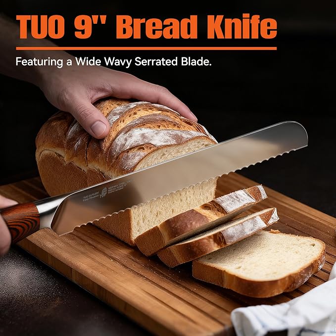 TUO Bread Knife, 9 inch Sharp Serrated Slicing Knife for Homemade Sourdough Bread, High Carbon German Steel, Ergonomic Handle, Gift Box Included