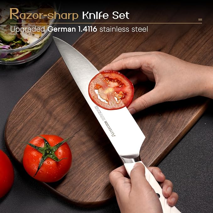 Astercook Knife Set Kitchen with Block and Dual Sharpener Full Tang 15 Pcs German Stainless Steel Knives Dishwasher Safe Kitchen Utensils Set with Anti-slip Ergonomic Handle, Elegant White