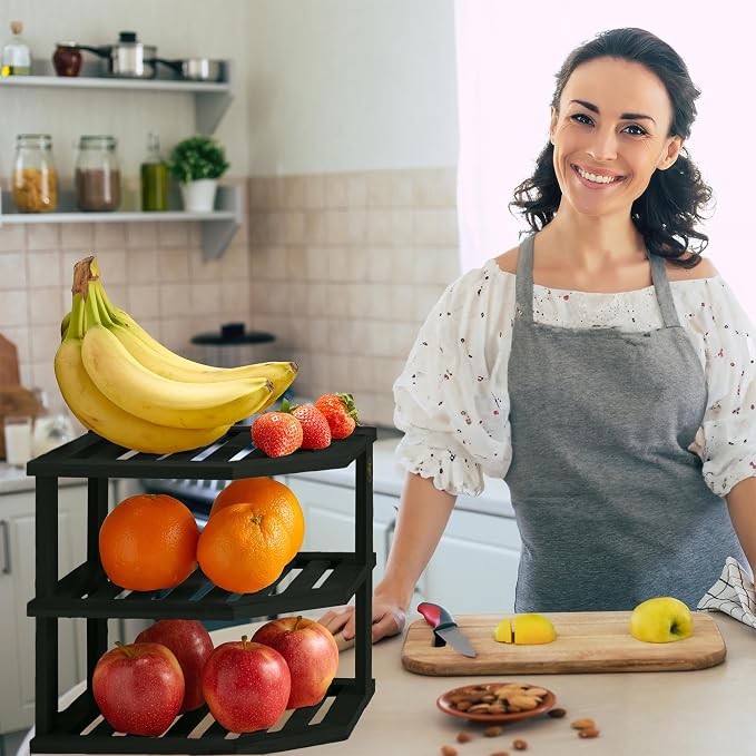 Black Plate Organizer for Cabinet - 3 Tier Bamboo Corner Cabinet Organizer Shelf for Plates Bowls Mugs Cups, Kitchen Cabinet Organizer, Cabinet Shelf Organizer, Countertop Rack, 10 x 10 x 9.5 Inch