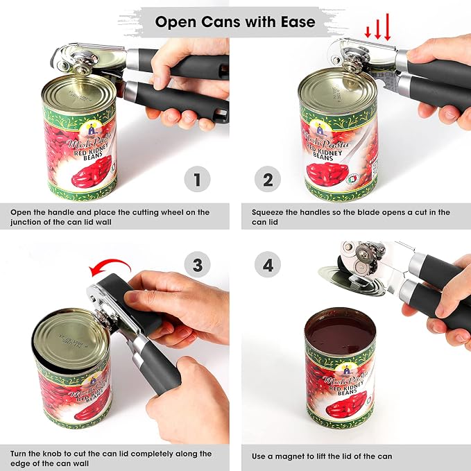 Beneno Heavy Duty Hand Can Opener Manual with Magnet Lid Remover, Black | Razor-Sharp Carbon Steel Blade, Precise Smooth Cutting Gear, Big Effort-Saving Knob, Soft Grip Handle, Built-in Bottle Opener