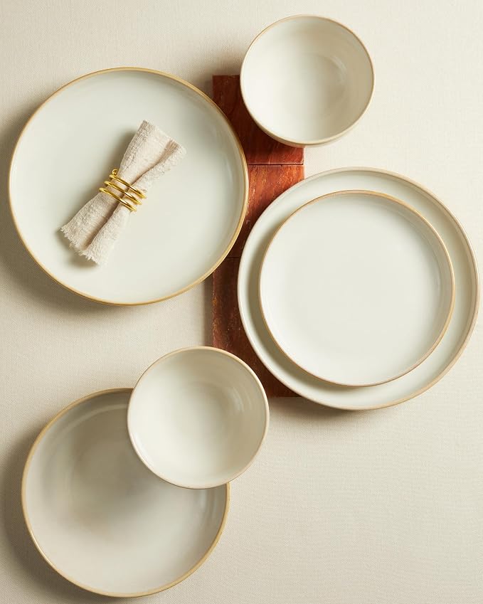 32 Piece Double Bowl Dinnerware Sets with Pasta Bowls, Highly Chip and Crack Resistant Plates and Bowls Sets, Natural Earthyware Ceramic Dishware Sets, Service for 8 Yellow White