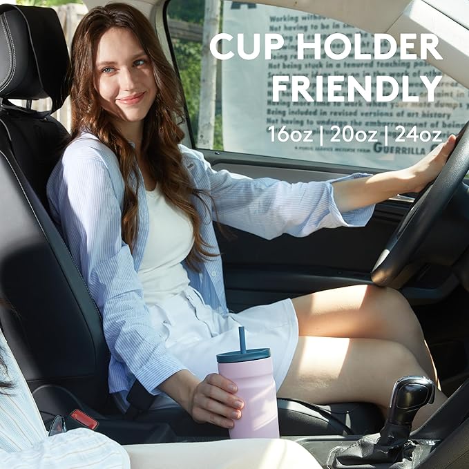 COKTIK 16oz Insulated Tumbler with Lid and Straw Iced Coffee Cup Reusable Stainless Steel Travel Mug Water Bottle Cupholder Friendly for Women Men Her Him (Blush)