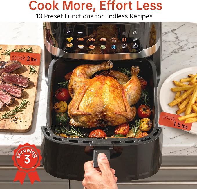 VUSIGN Air Fryer 6.8QT, 10-in-1 Functions Airfryer with Visible Window, 400°F Fast Heating & Adjustable Bottom Heater for Crispier Results, Nonstick & Dishwasher-Safe Basket, 1700W, Black