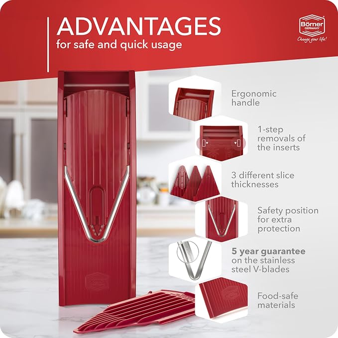 Borner Mandoline Food Slicer V1 (Basic Set) by Reston Lloyd • V-Slicer with Food Holder • Made in Germany • Fruit & Vegetable Chopper • Multiple Settings • Color: Red