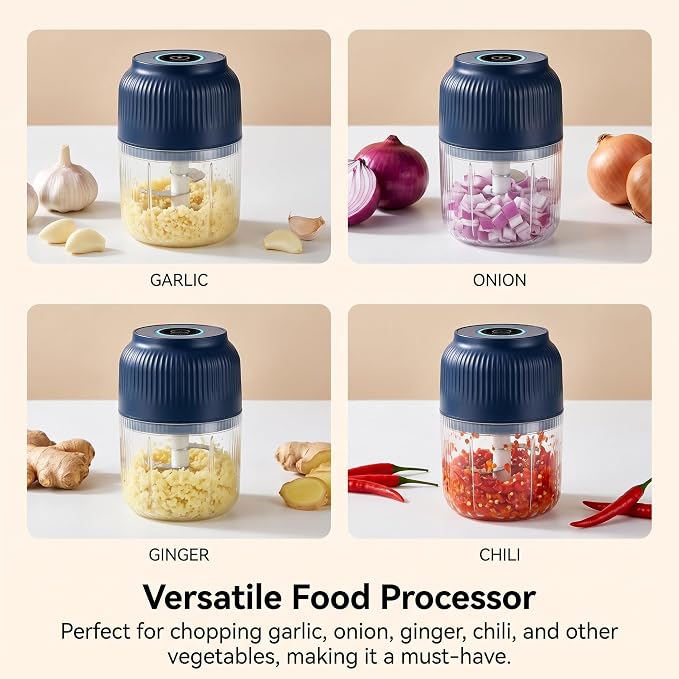 Electric Garlic Chopper, Mini Portable Veggie Chopper Garlic Mincer Onion Chopper, Rechargeable Cordless Food Processor & Food Chopper for Ginger Chili Nut Meat Vegetables, 400ml (Blue)