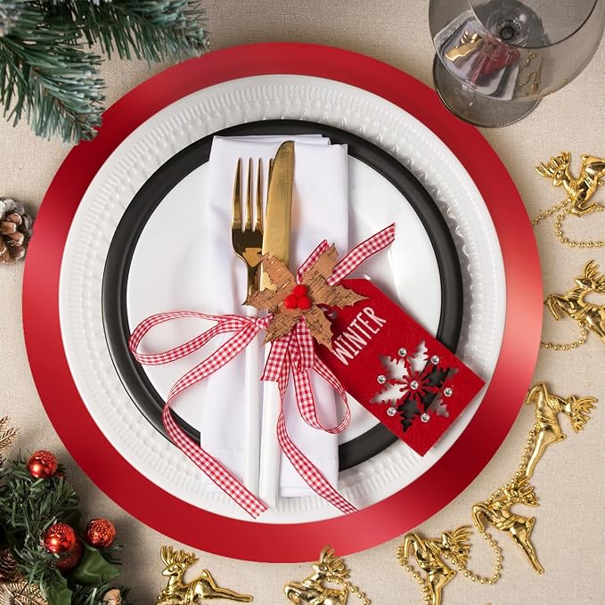100PCS 13in Round Red Placemats, Disposable Paper Chargers Plate | Mirrored Red Paper Placemats for Dining Table, for Christmas Valentines Kitchen Banquet Wedding Birthday Party Table Decor