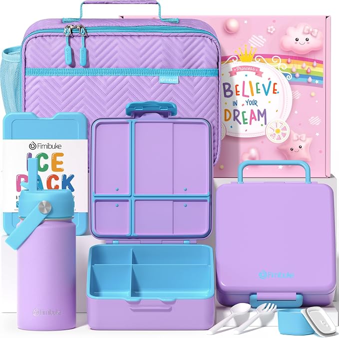 Fimibuke Kids Bento Lunch Box with Toddler Insulated Water Bottle Lunch Bag | Lunch Box Kids with 4 Compartments, Ice Pack & Utensils Set, Birthday Gifts for Ages 3-12 Back to School Toddler Girls Boys