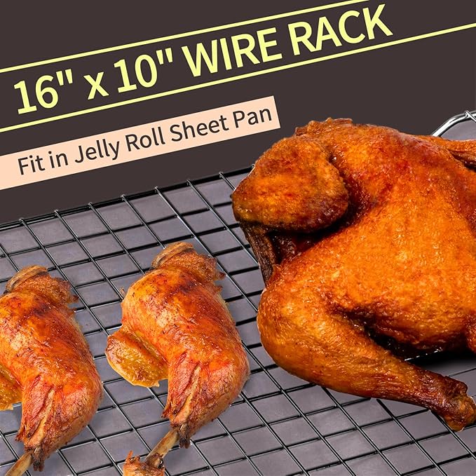 Cooling Rack for Cooking and Baking, 16" x 10" Wire Rack, Black | Thick Wire Rack, Oven & Dishwasher Safe, for Roasting, Grilling, Drying, Fits Half Sheet Pan