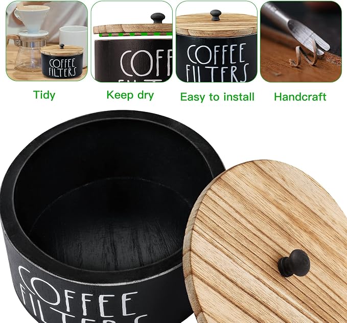 MINCORD Coffee Filter Holder | Black Finsh Wood Coffee Filter Storage Container for Counter | Farmhouse Coffee Bar Accessories for Home Office Decor