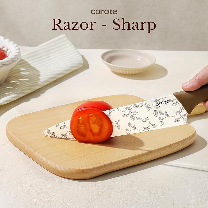 CAROTE Kitchen Knife Set, 6 Floral Knives with 6 Blade Guards, 12-Piece | Stainless Steel Blades, Ceramic Nonstick Coating, Long-Lasting Sharpness, Rust-Resistant, Non-Slip, Dishwasher Safe