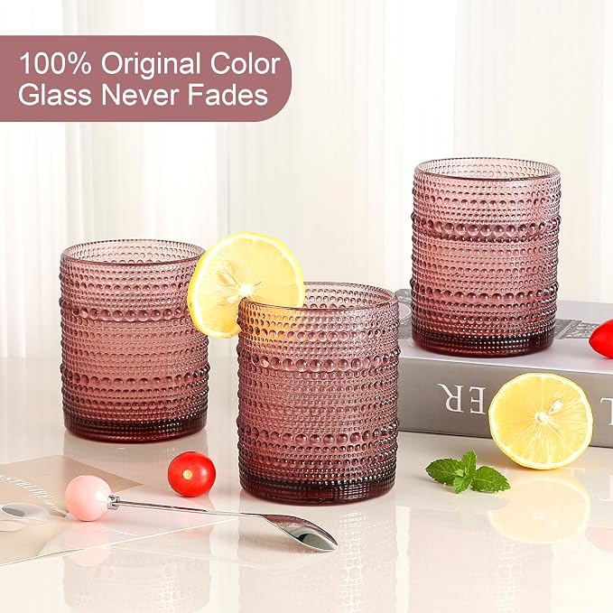 ZMOWIPDL Drinking Glasses Set of 6,12oz Purple Hobnail Glass Cups | Vintage Glassware，Embossed Water Tumbler,for Beer,Cocktail,Whiskey,Juice and Various Mixed Drinks- 1 Cleaning Brush
