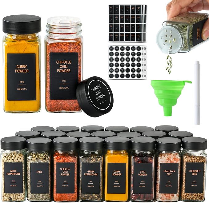 Spice Jars with Label，4oz Glass Spice Bottles With Shaker Lids，Seasoning Containers with Funnel, Chalk Pen for Cabinet，Drawer，Rack (Black, 24)