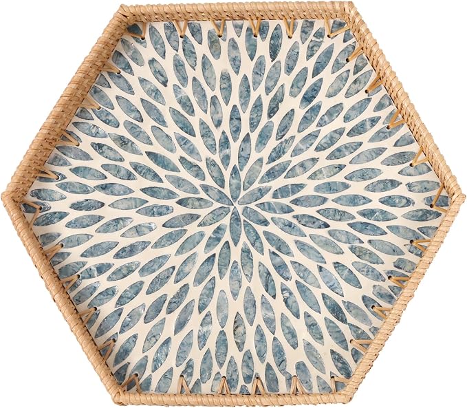 Hexagon Rattan Tray with Mother of Pearl Inlay, Rattan Serving Tray for Coffee, Bread, Fruits, Snacks, Decorative Wicker Tray for Table Decor, Home Decor (Light Blue Leaves, 14.5"×12.8")