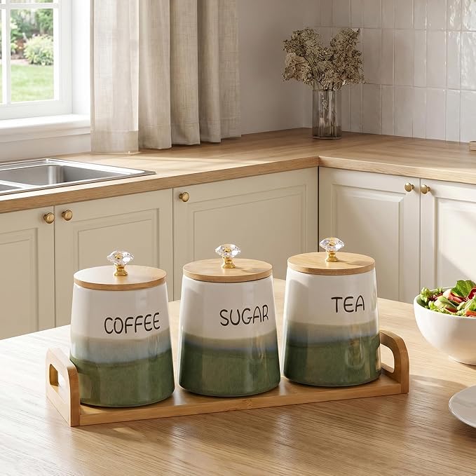 Kimdio Ceramic Canisters Set with Airtight Lids, 22 oz Coffee Canisters Sets for the Kitchen, Large Jars for Flour, Sugar, Pasta, Coffee, Cookies, Tea - Set of 3 - Green and White