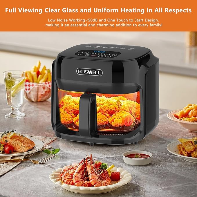BOSWELL 7.5 QT Large Glass Air Fryer, 6-1 Preset Cook Modes | Transparent Fry Bowl, Black, Circulating Heating & Temperature Control, Steak, Fries, Bake,Chicken, Dishwasher Safe