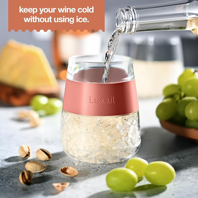 luxail Wine Glasses, Plastic Wine Glasses Set of 2, Wine Gifts, Double Wall Insulated Freezer Tumbler, Stemless Freezer cups for Red and white Wine, 8.5 Oz, Coral