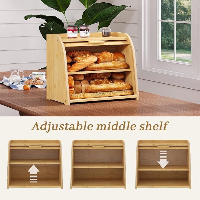 Kitsanery Bread Box for Kitchen Countertop, Bamboo Bread Storage, Double-Layer Roll-Top Bread Container, Farmhouse Bread Holder for Homemade Bread (Natural, double layer)