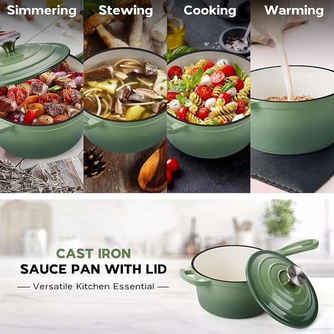 Onader 1QT & 2QT & 3QT Saucepan with Lid, Enameled Cast Iron Sauce Pan, Small Cast Iron Pot for Cooking, Enameled Dutch Oven, Nonstick & Heavy Duty – Pistachio Green