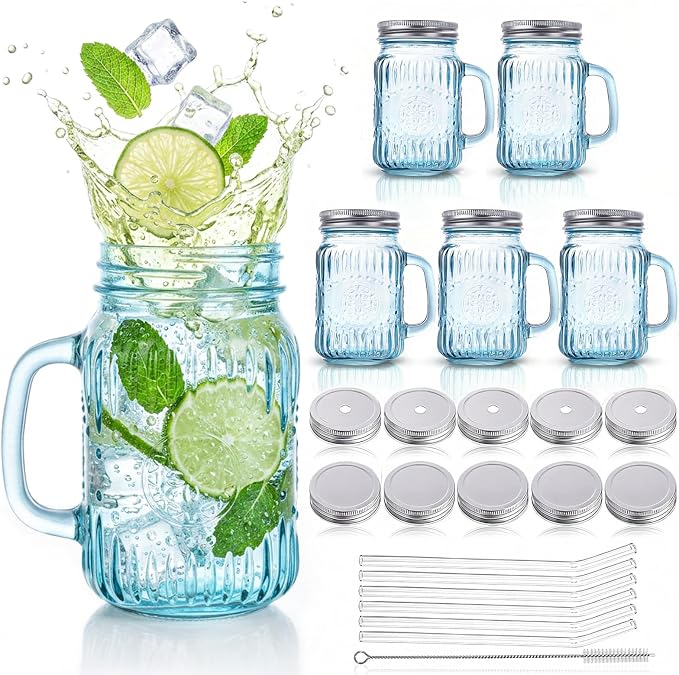 DaYammi Mason Jars with Lids and Straws (Blue, 16, ounces)