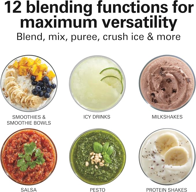 Hamilton Beach Power Elite Blender For Smoothies With Wave Action System | 40 oz. Glass Jar | 12 Functions Including Puree, Crush Ice | 700 Watts | Grey | 58153J