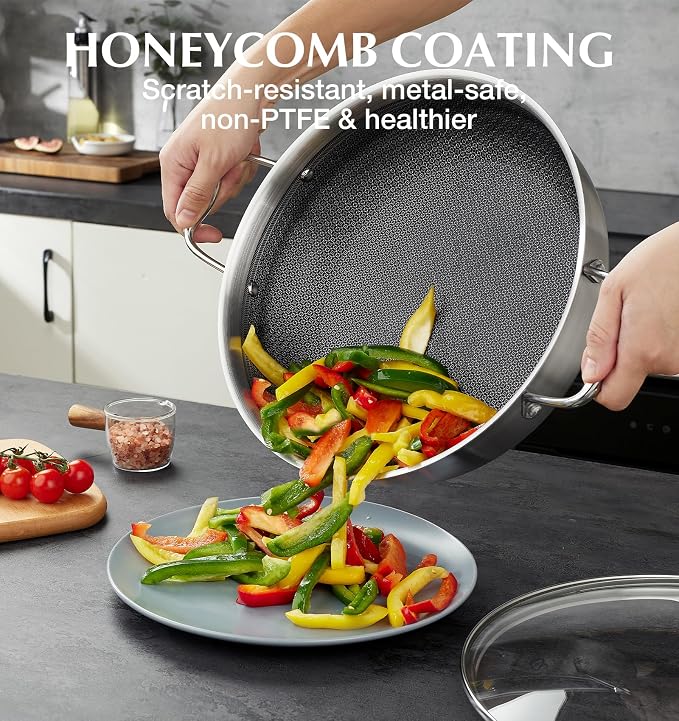 KOCH SYSTEME CS Triply Stainless Steel Saute Pan 12 Inch, Nonstick Hybrid Stainless Steel Saute Pan with Lid, 6 Quart Deep Frying Pan with Honeycomb Interior, 18/10 Steel Pans, Induction Compatible