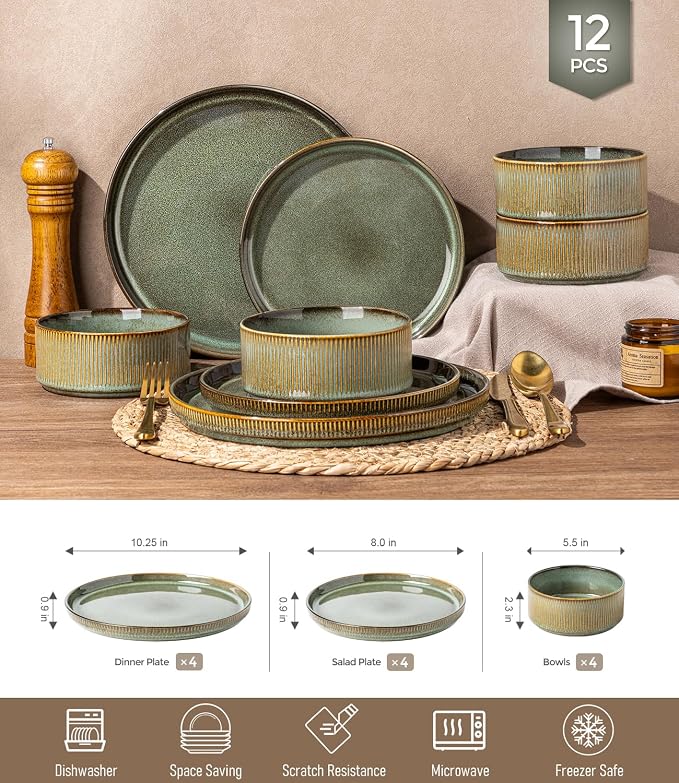 GBHOME Stoneware Dinnerware Sets for 4, 12-Piece Plates and Bowls Set | Handmade Reactive Glaze Ceramic Dish Set, Scratch Resistant, Dishwasher&Microwave Safe,Moss Green