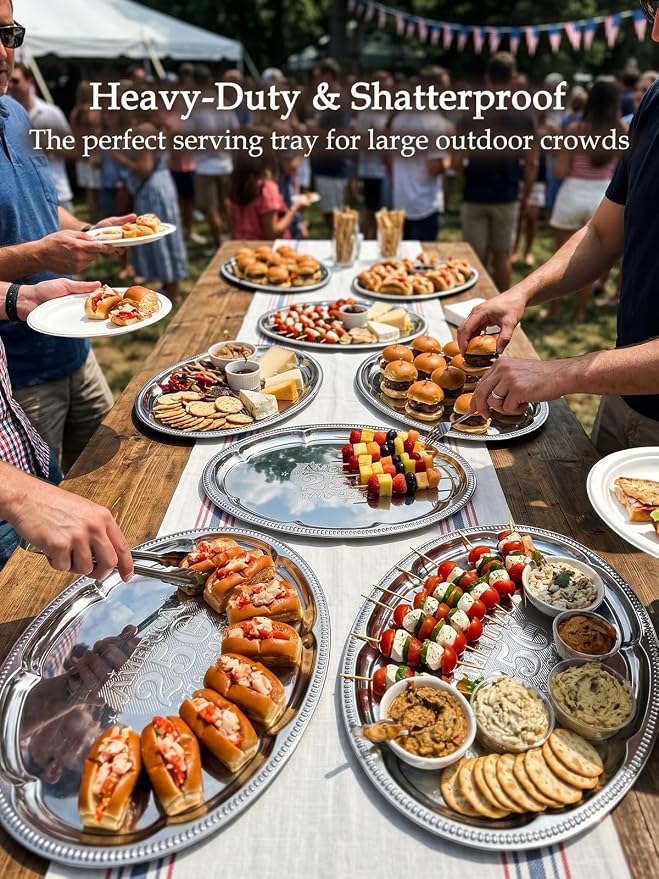4 Pack 250th Anniversary USA Oval Silver Serving Trays with 4 US Toothpick Flags - 15.7" x 11.8" Stackable Mirror Platter, Floral Engraved Tableware for Fourth of July Party, BBQ, Food