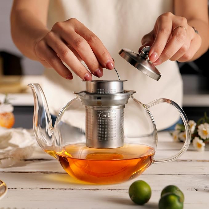 CNGLASS 40oz Glass Teapot with Removable Infuser,Clear Tea Kettle Stovetop Safe,Blooming and Loose Leaf Tea Maker Set