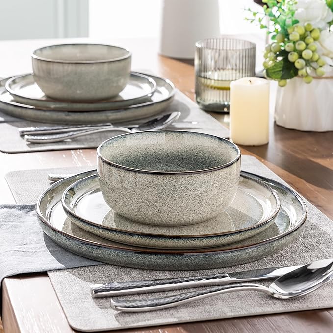 GBHOME Dinnerware Sets for 6, 24 Pieces Ceramic Plates and Bowls Set | Scratch Resistant Stoneware Dishes Set, Dishwasher & Microwave Safe, Reactive Glaze-Green Wheat