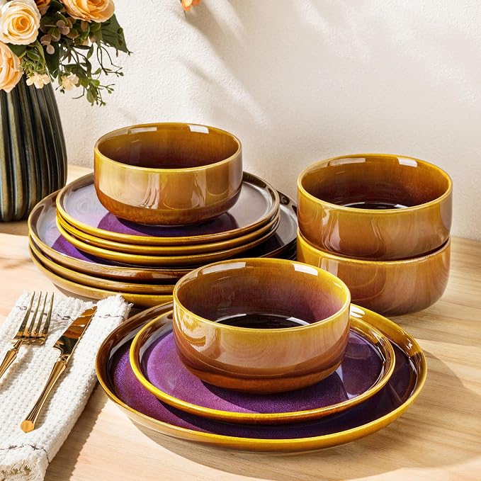 Ceramic Dinnerware Set for 4, 12-Piece Plates and Bowls Set | Handmade Reactive Glaze Dish Set, Scratch Resistant, Oven & Microwave & Dishwasher Safe, Amber Amethyst