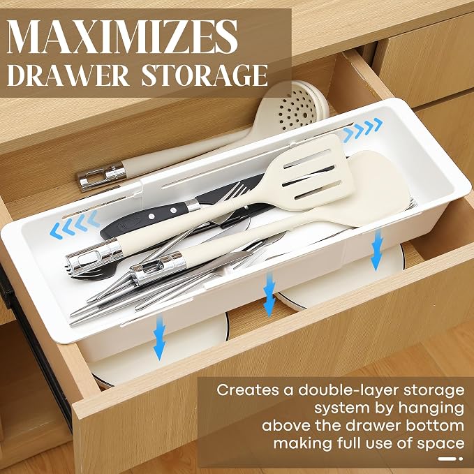 1 Pack Deep Drawer Organizer Adjustable Storage Bin(17.4-27.6") | Adjustable Width Design, Maximize Drawer Storage, Kitchen & Home Organization Solution