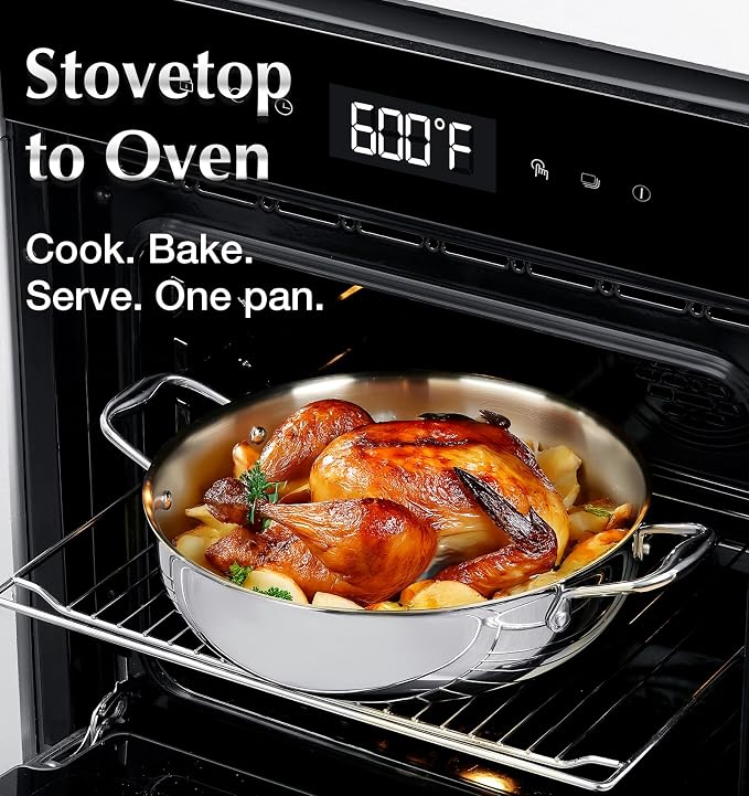 KOCH SYSTEME CS Tri-Ply Stainless Steel Saute Pan with Lid, 12 Inch Deep Frying Pan with Double Handles, 6 Quart 18/10 Stainless Steel Pan, Large Skillet, Induction Compatible, Oven Safe, Non Toxic