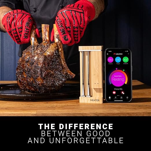 MEATER Pro Duo WiFi & Bluetooth Thermometer, 2-Probe, 1000°F, 6 Sensors | 1000°F heat resistance, long range, six sensors. Bamboo charger. For BBQ, oven, grill, smoker, air fryer, deep fryer.