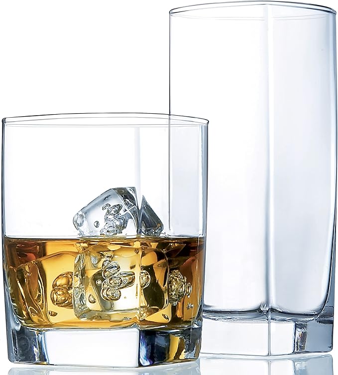 Le'raze Collins Everyday Drinking Glasses Set of 16 Drinkware Kitchen Glasses for Cocktail, Iced Coffee, Beer, Ice Tea, Wine, Whiskey, Water, 8 Tall Highball Glass Cups & 8 Short Old Fashioned.