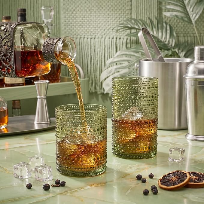 Hobnail Drinking Glasses Set of 12 Kitchen Glass Cups Glassware, Green | 12 oz Highball Glasses & 10 oz Cocktail Glasses, Clear Embossed Glassware Set for Beer, Juice, Cocktail, Whiskey, Milk