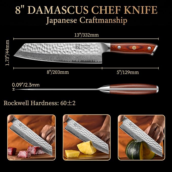 8" Damascus Chef Knife, VG10 Japanese Knife with Ash Sheath | Ultra Sharp 10° Edge Kiritsuke Kitchen Knife, 67 Layers Hand Forged Hammered Cooking Knife for Meat, Vegetable, Fruit, BBQ
