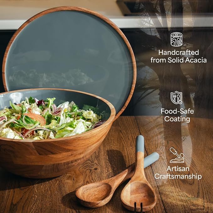 Large Wooden Salad Bowl Set 12.5 Inch with Serving Utensils, Tray Lid and Carry Strap. Acacia Wood Large Salad Bowls Ideal for Fruits and Dishes, Wooden Bowls for Food, Serving and Fruit Bowl
