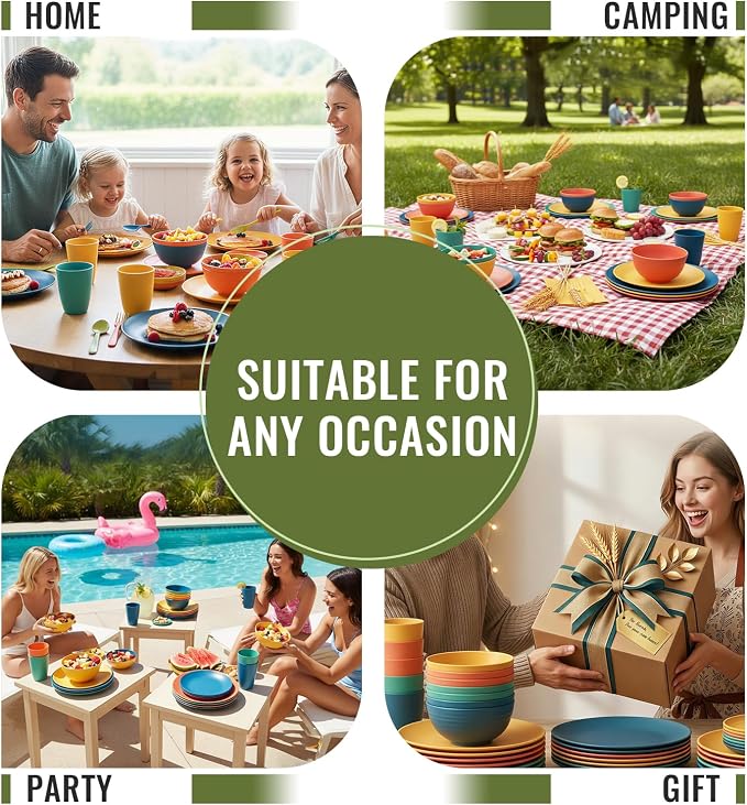 Wheat Straw Dinnerware Set 40 PCS - Service for 8 | Plates and Bowls Sets | Unbreakable Dishes Set - Dinner Plates, Dessert Plate, Cereal Bowls, Drinking Glasses, Dishwasher Safe - Multi