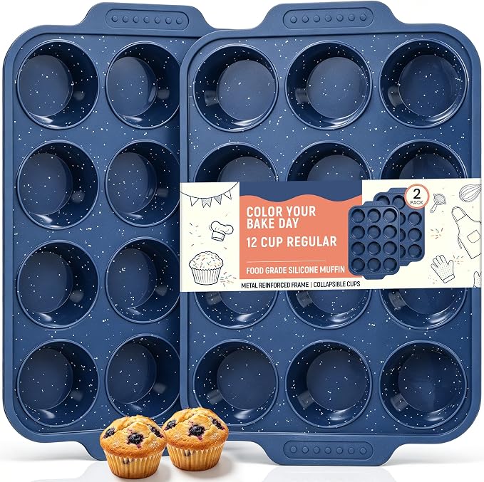 Silicone Muffin Pans for Baking with Metal Reinforced Frame | Nonstick 12-Cup Regular Size Cupcake Tray for Egg Bites, Muffins & Cupcakes, Dishwasher Safe, Titan Blue, Set of 2