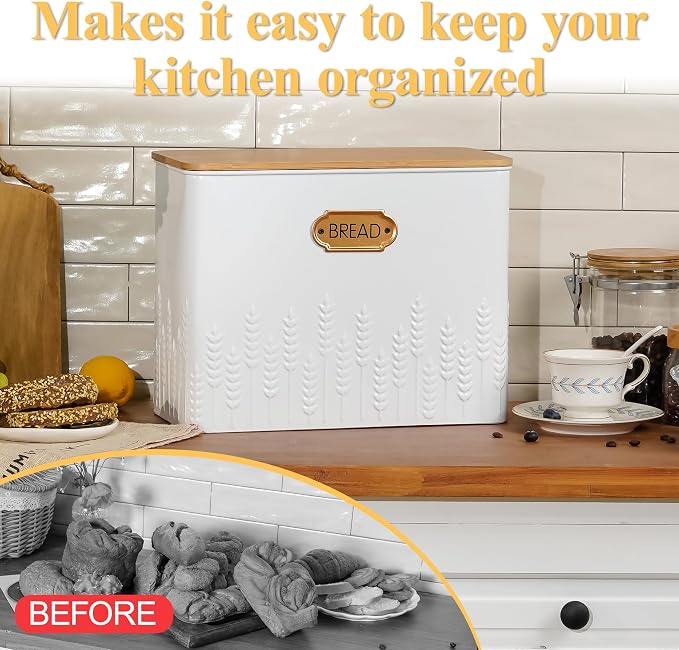 Extra Large Ear of Wheat Embossed Bread Box with Bamboo Lid | Corner Breadbox for Homemade Bread, White Metal Bread Storage Container Bin for Kitchen Countertop, Fits 2 Loaves of Bread
