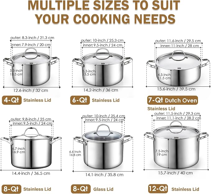 Cooks Standard Multi-Ply Clad 7 Quart Stock Pot, Stainless Steel Dutch Oven | Tri-Ply Dutch Oven for Boiling, Stews, Sauces, Induction Ready, Dishwasher & Oven Safe