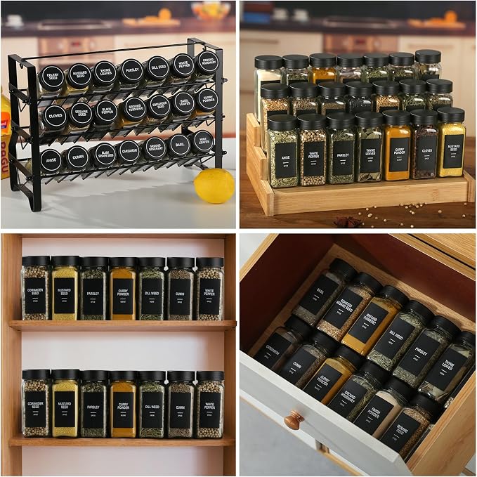 48 Glass Spice Jars with Labels, 4oz Spice Containers with Airtight Lids | Black Square Seasoning Containers with Shaker Lids, Empty Spice Bottles for Rack, Kitchen Drawer, 492 Labels, 1 Funnel