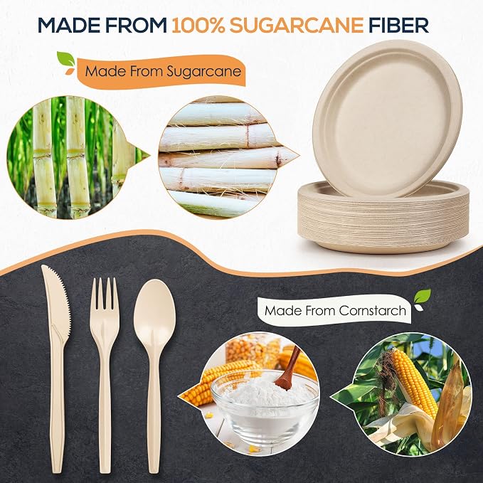250Pcs Disposable Paper Plates Compostable Plates and Utensils | Eco Friendly Dinnerware Kit Includes 50 Biodegradable Plates, Forks, Knives and Spoons for Brithday Party Camping Picnic