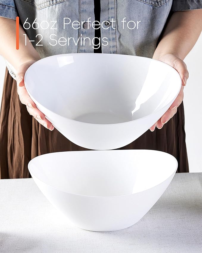 66 OZ Salad Bowl Set of 2, 10 Inch White Opal Glass Oval | Ultra-thin lightweight serving dish with microwave & dishwasher safe design, perfect for salad, fruit and kitchen use