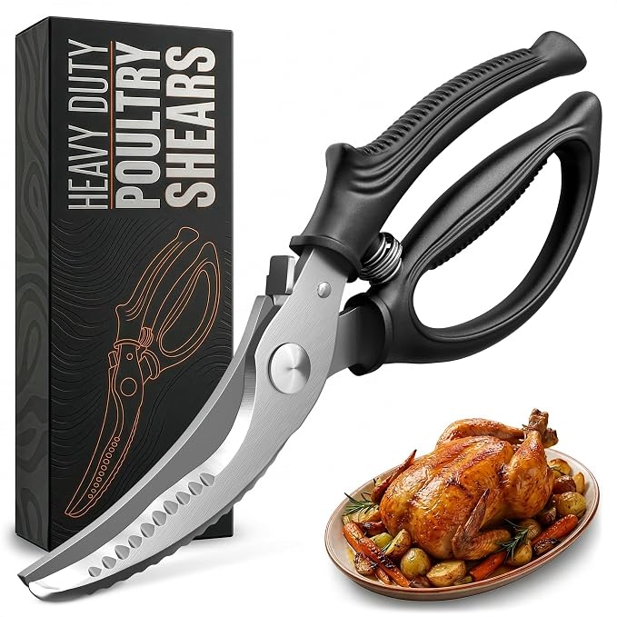 Poultry Shears Heavy Duty, Stainless Steel, 9.4 In, Safety Lock | Spring Loaded Bone Cutting Scissors with Serrated Edge that Grips Joints; Turkey, Poultry & Chicken Shears for Spatchcock