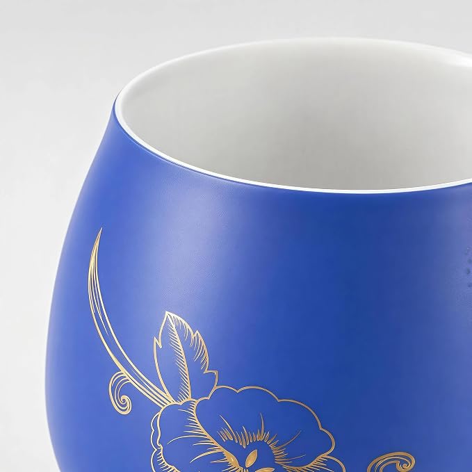 Yundu 12 OZ Ceramic Mug with Lid & Tea Strainer - Matte Blue Tea Cup with Golden Flower, Stainless Steel Infuser for Loose Leaf Tea
