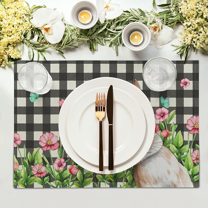Buffalo Plaid Bunny Placemat Set of 4 12 x 18 Inch Pink Flowers Butterfly Farmhouse Linen Fabric Table Mats Outdoor Spring Seasonal for Party Kitchen Dining