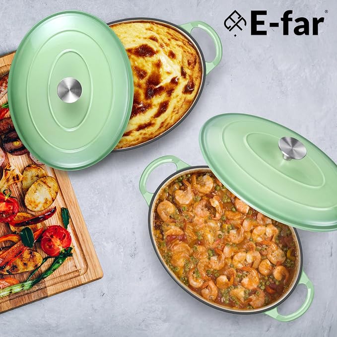 E-far 5QT Oval Dutch Oven Pot with Lid, Enameled Cast Iron Dutch Oven with Dual Handles, Heavy-Duty Cookware for Sourdough Bread Baking, Braising, Stews, Oven Safe & Easy Clean, Green